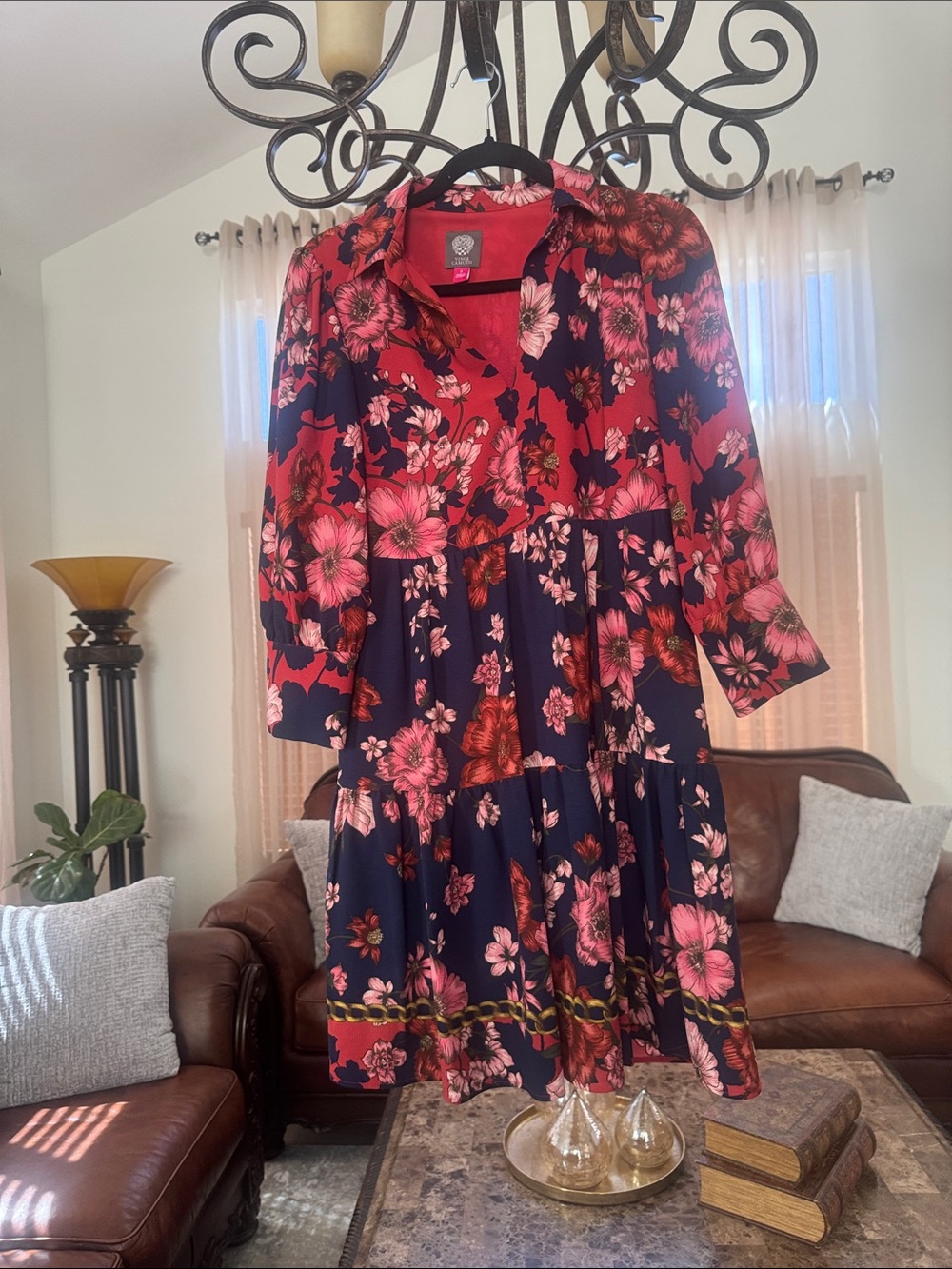Vince Camuto Girls Floral Tiered Dress - Red & Navy